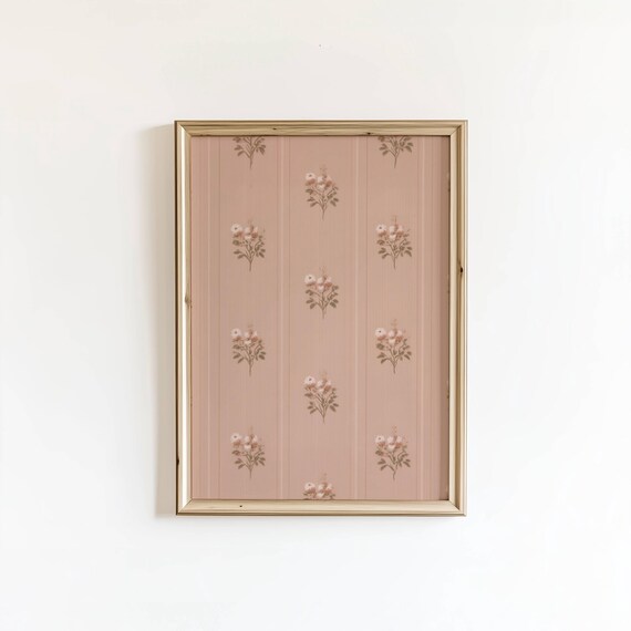 Dusty Pink Vintage Floral Cottagecore Bouquet Stripe Pattern Wall Art Decor