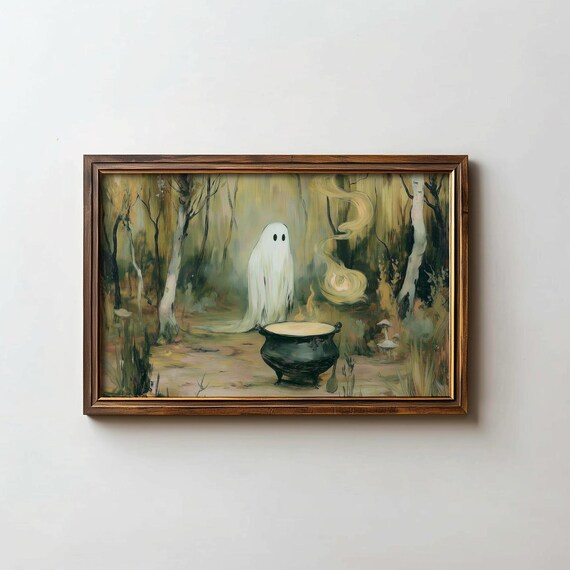 Ghost by Witch Cauldron in Autumn Forest Halloween Art Poster