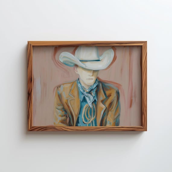 Cowboy Portrait Painting White Hat Tan Jacket Blue Bandana Poster