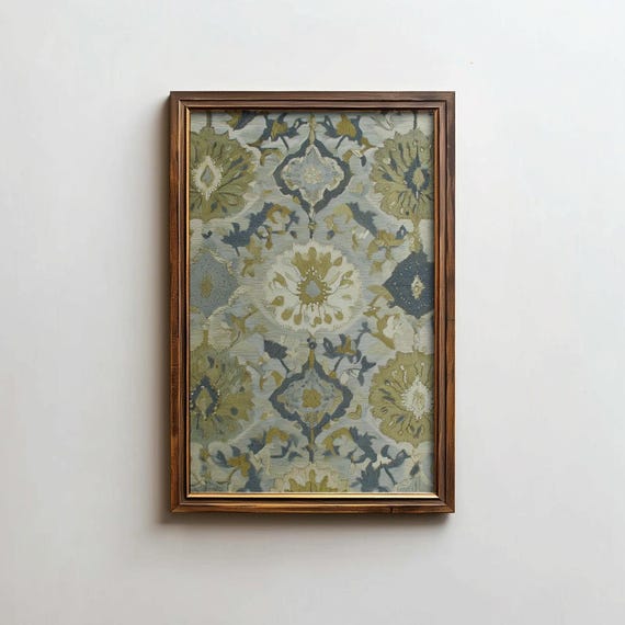Vintage Textile Art Green Tapestry Print Cottagecore Flower Wall Digital Download
