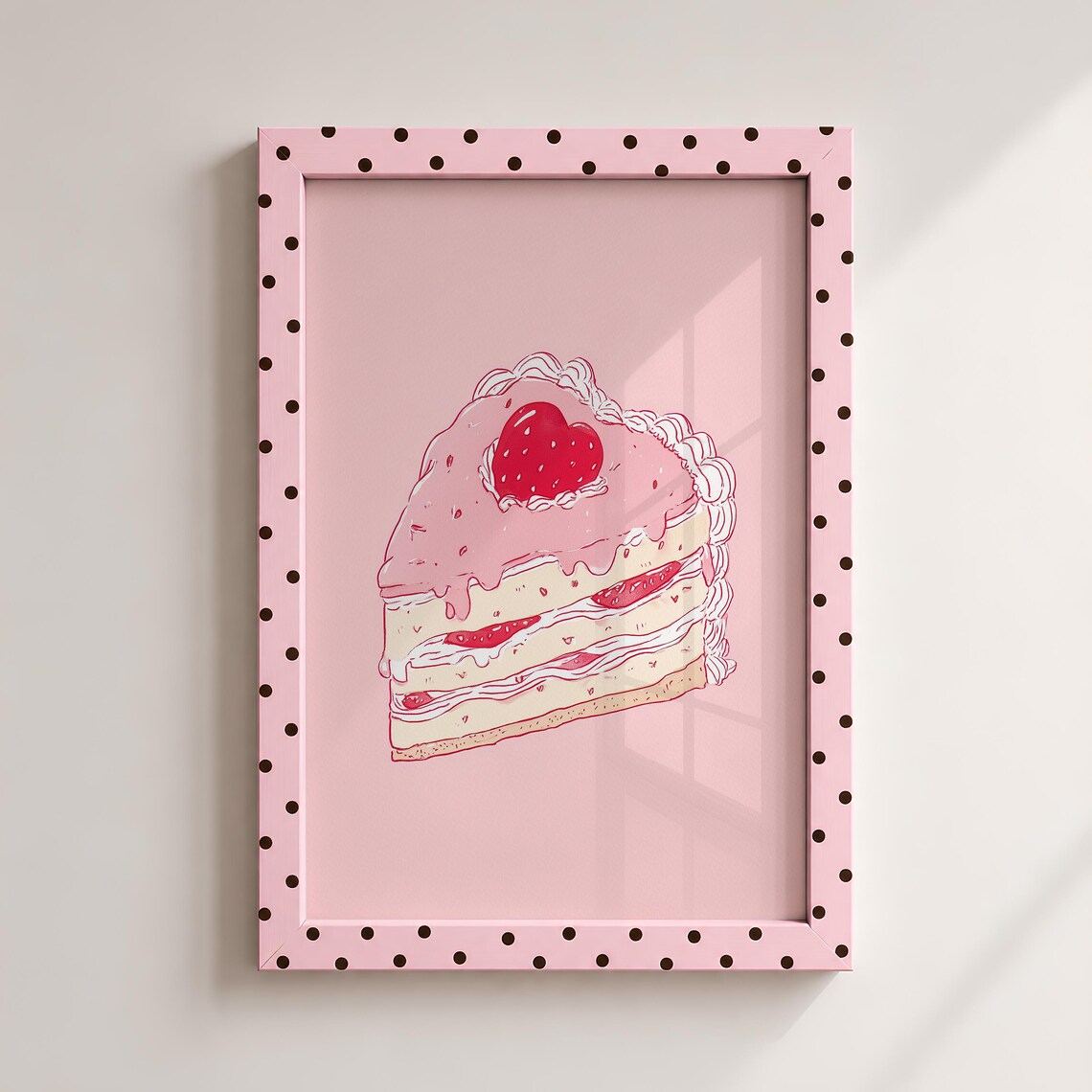 Strawberry Heart Cake Slice Vintage Kitchen Dessert Illustration Poster