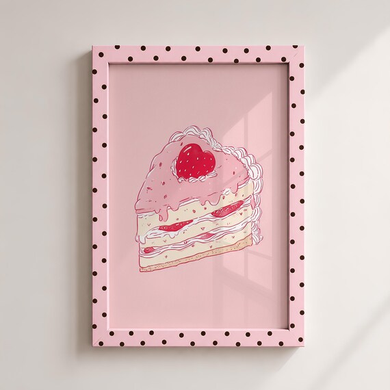 Strawberry Heart Cake Slice Vintage Kitchen Dessert Illustration Poster