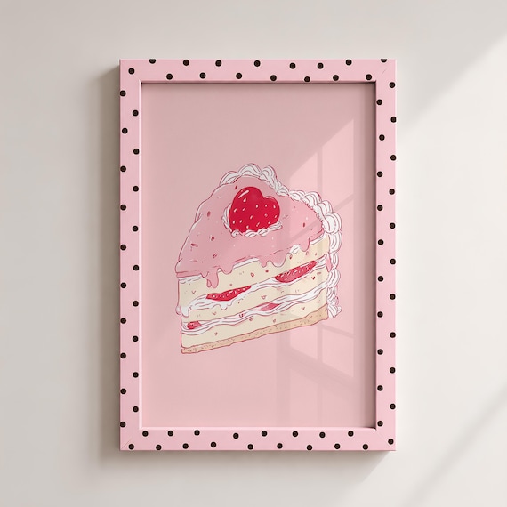 Strawberry Vintage Heart Cake Illustration Print Kitchen Wall Art Digital Download