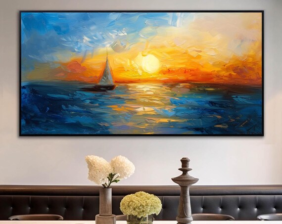 Large Abstract Blue Ocean Oil Painting On Original Sunset Seascape Wall Art Nautical Art Painting Modern Living Room Wall Decor