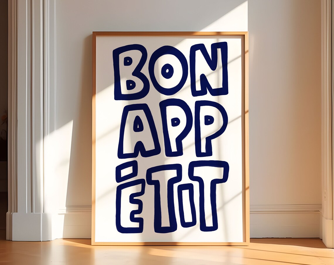 Bon Appetit Navy Blue Outline Letters French Kitchen Quote Poster