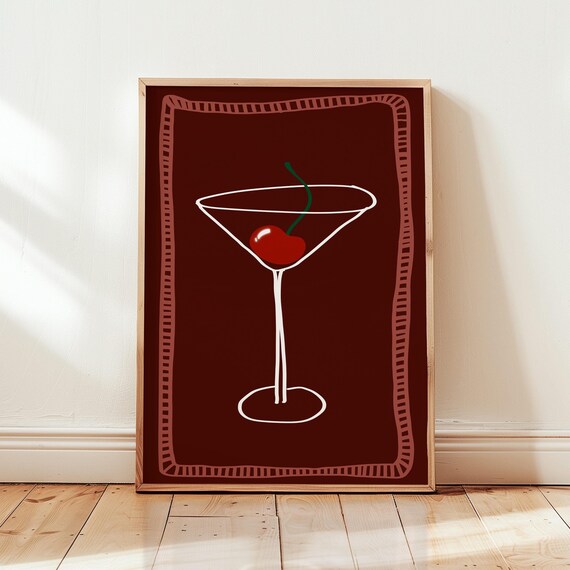 Cherry Martini Glass Minimalist Dark Red Cocktail Art Poster