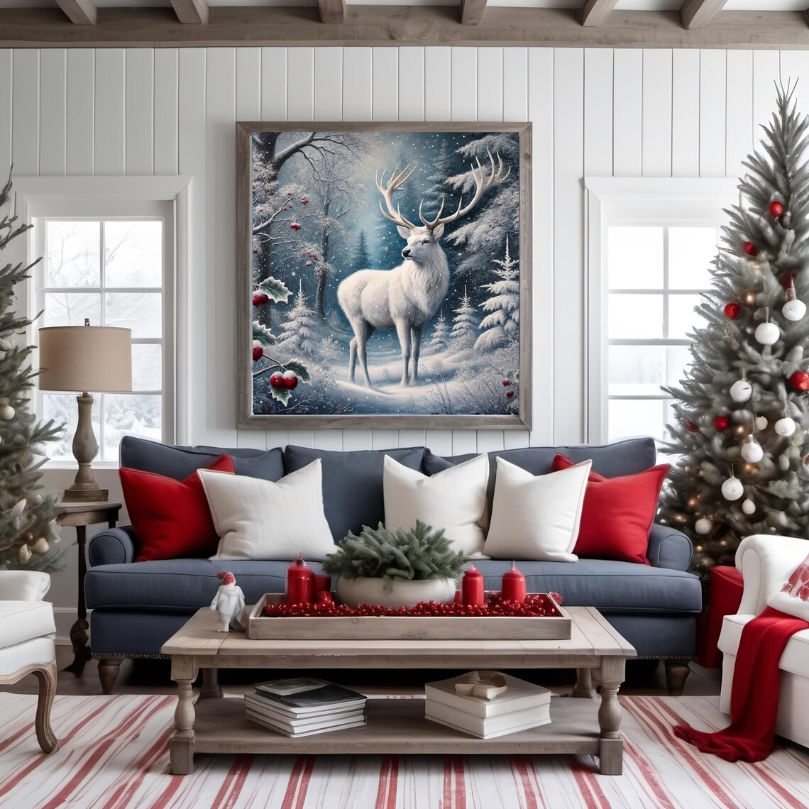 White Stag Christmas Wildlife Wall Art Print - Image 2