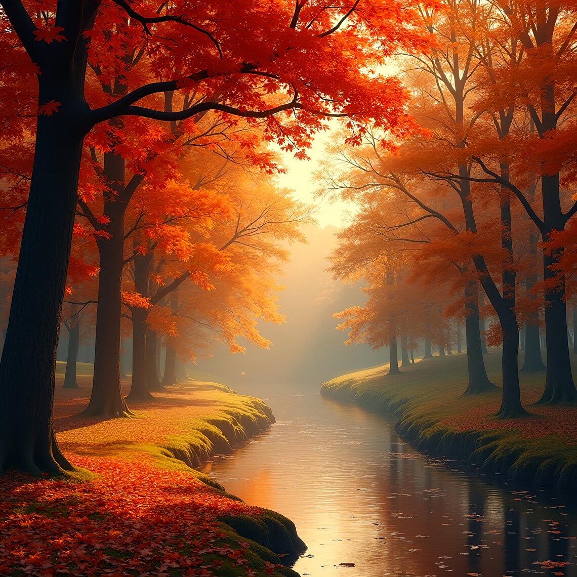 Autumn Forest River Misty Morning Red Maple Leaves Nature Poster