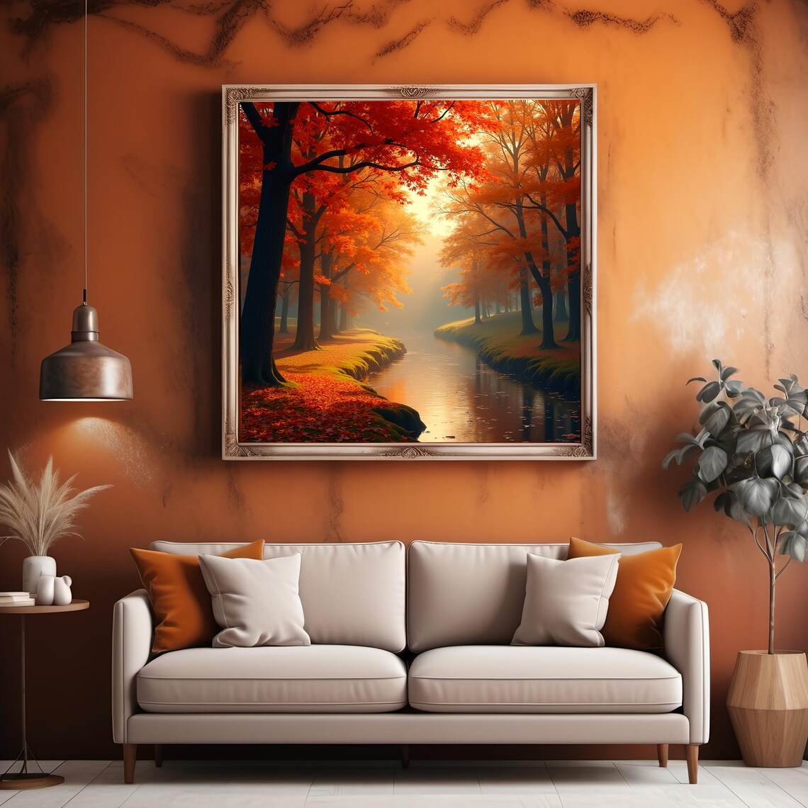 Autumn Forest River Misty Morning Red Maple Leaves Nature Poster - Image 2