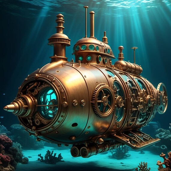 Steampunk Submarine Wall Art Vintage Nautical Print Underwater Industrial Decor Sci Fi Steampunk Art Lover Gift Idea