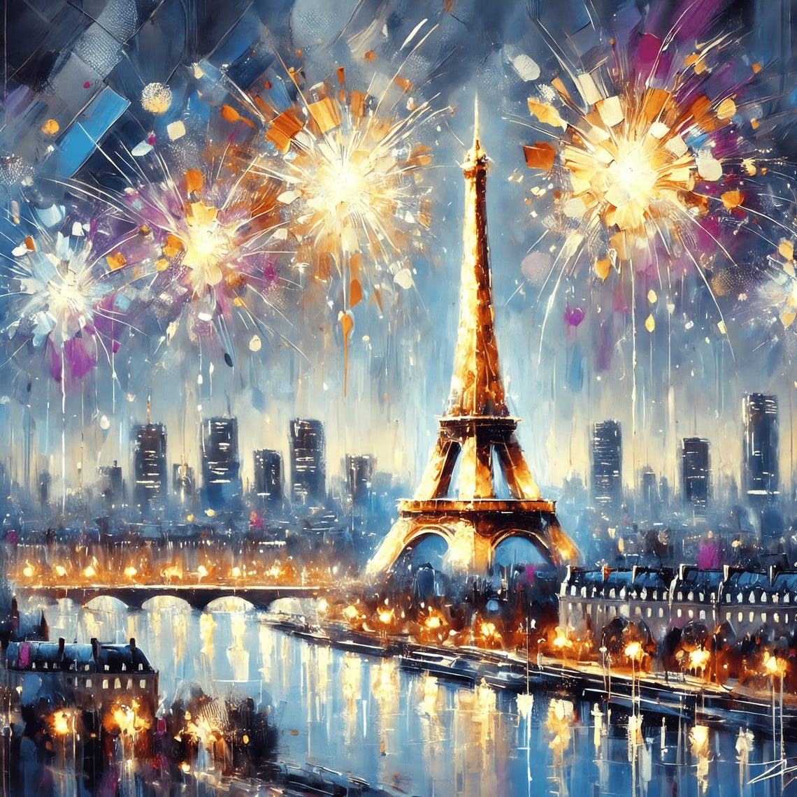 Paris Eiffel Tower Sparkling Fireworks Night Over The Seine Poster