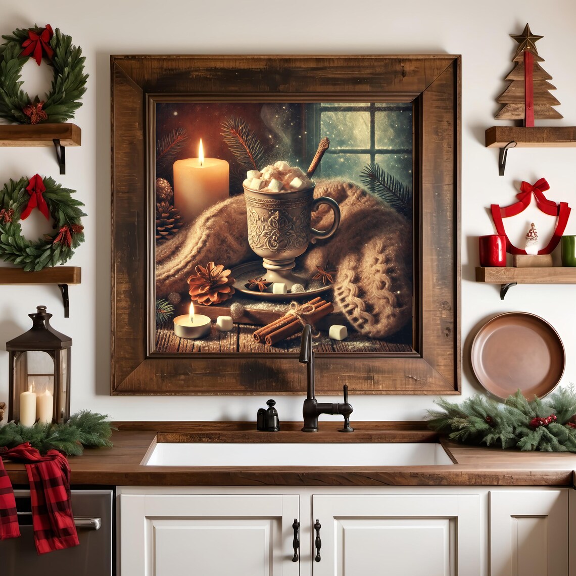 Hot Cocoa Vintage Holiday Art Print, Rustic Winter