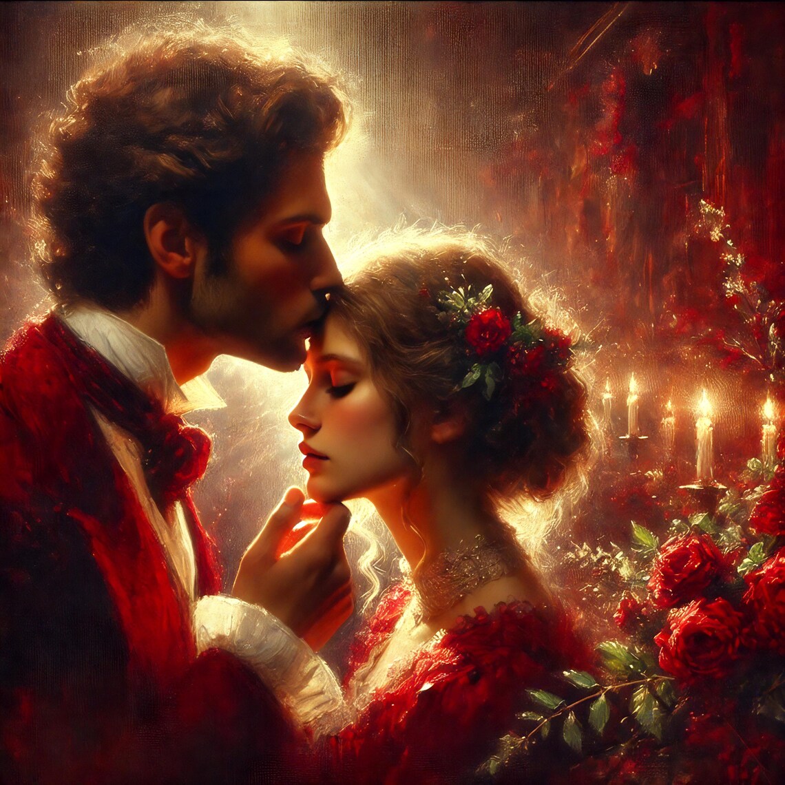 Romantic Couple Candlelit Kiss Roses Passionate Love Scene Print