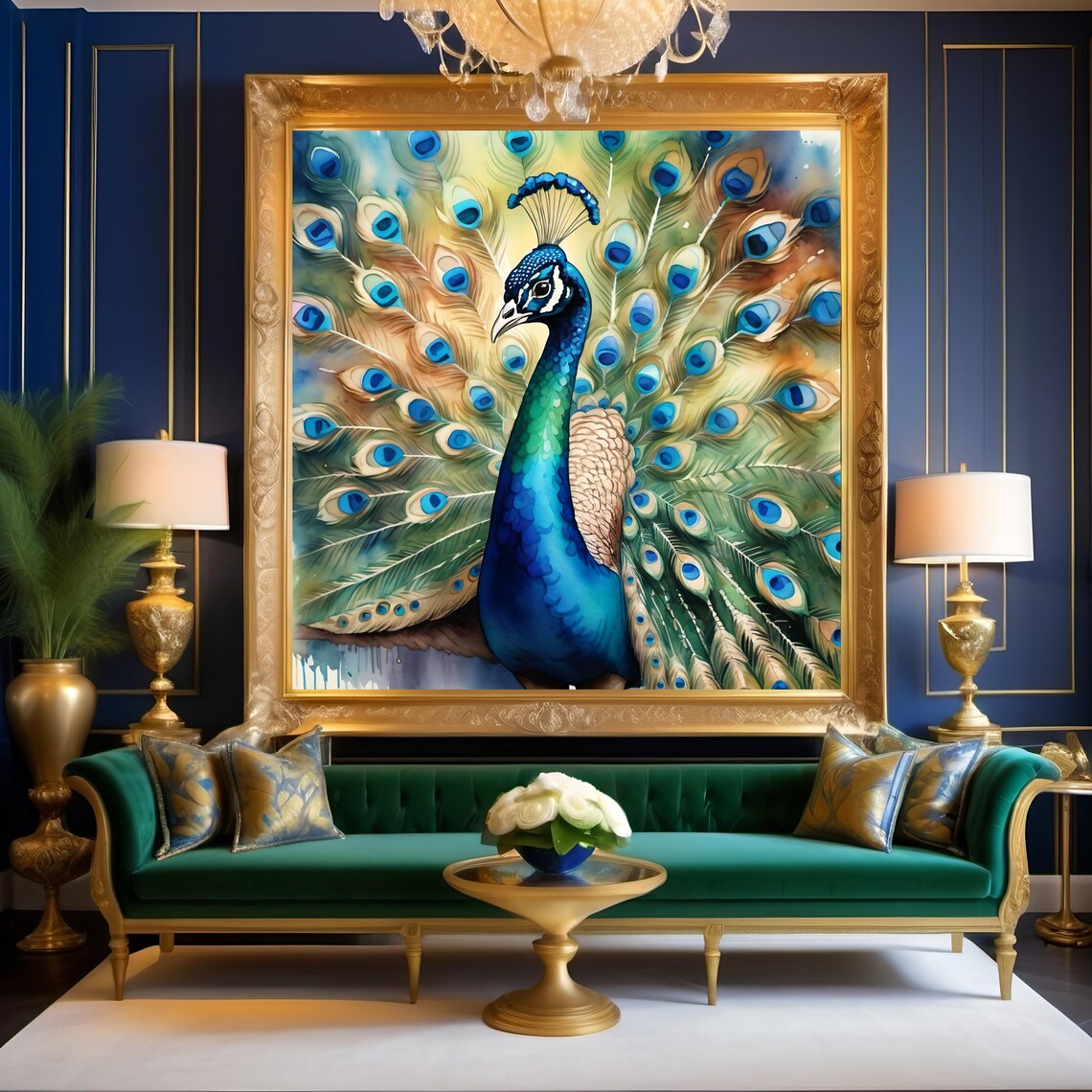 Majestic Peacock Watercolor Fan Tail Vibrant Blue Bird Art Print - Image 2