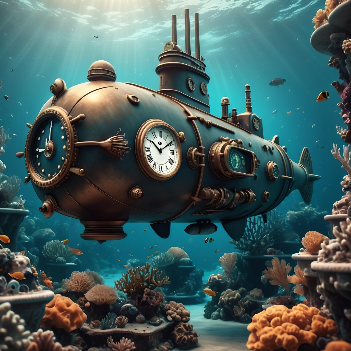 Underwater Steampunk Submarine Print Nautical Fantasy Wall Art Turquoise And Bronze Sci Fi Artwork Steampunk Gift Lover Idea