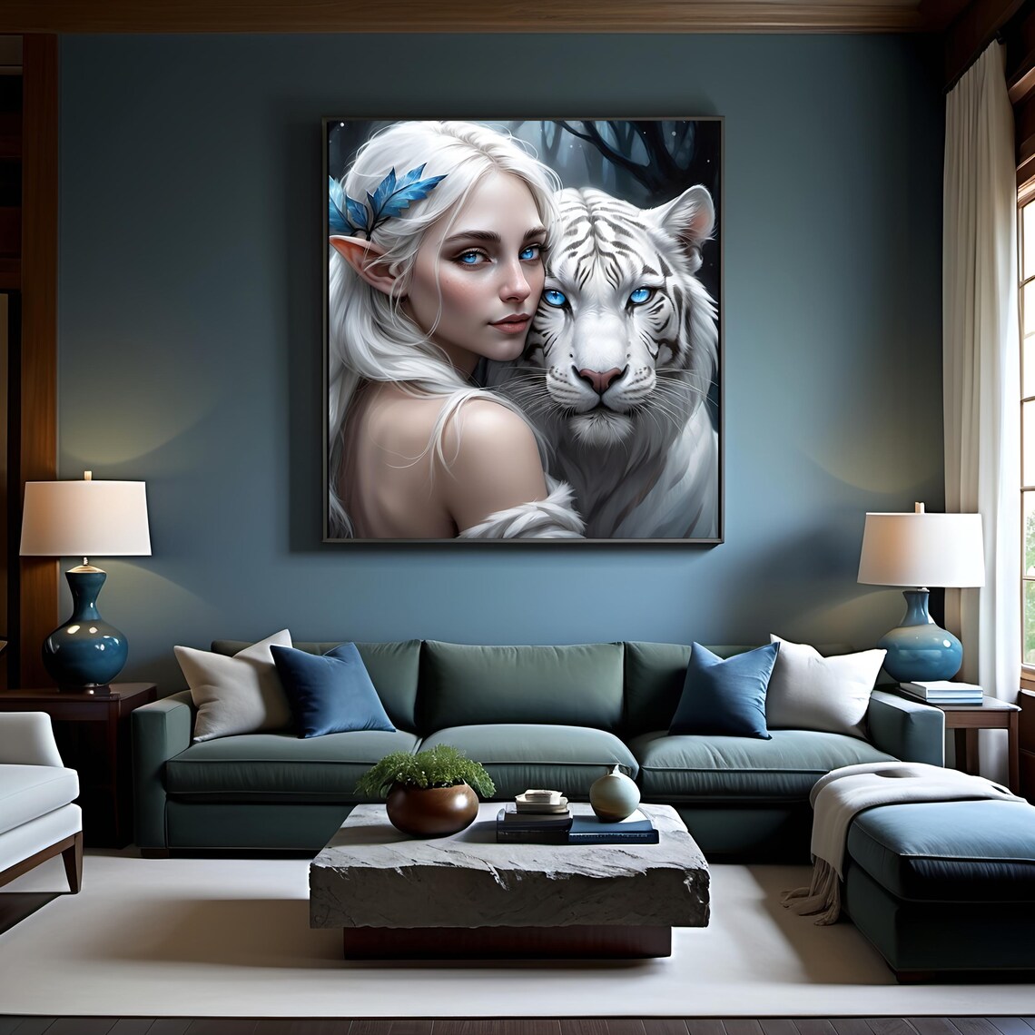 Elven Woman With White Tiger, Mystical Art Print - Image 2