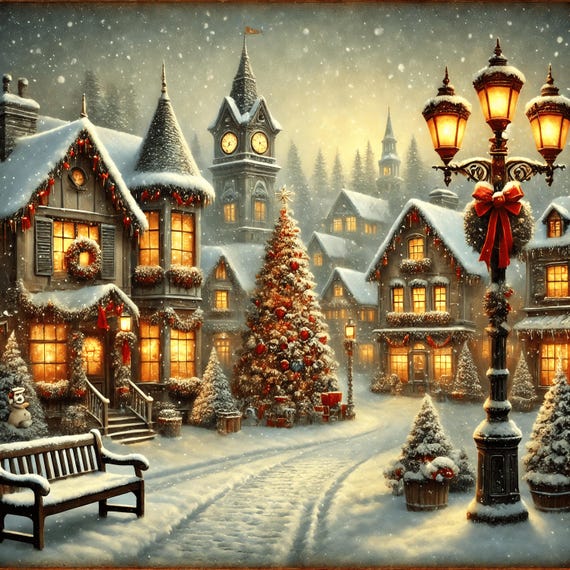 Vintage Christmas Town Art Print, Holiday Decor