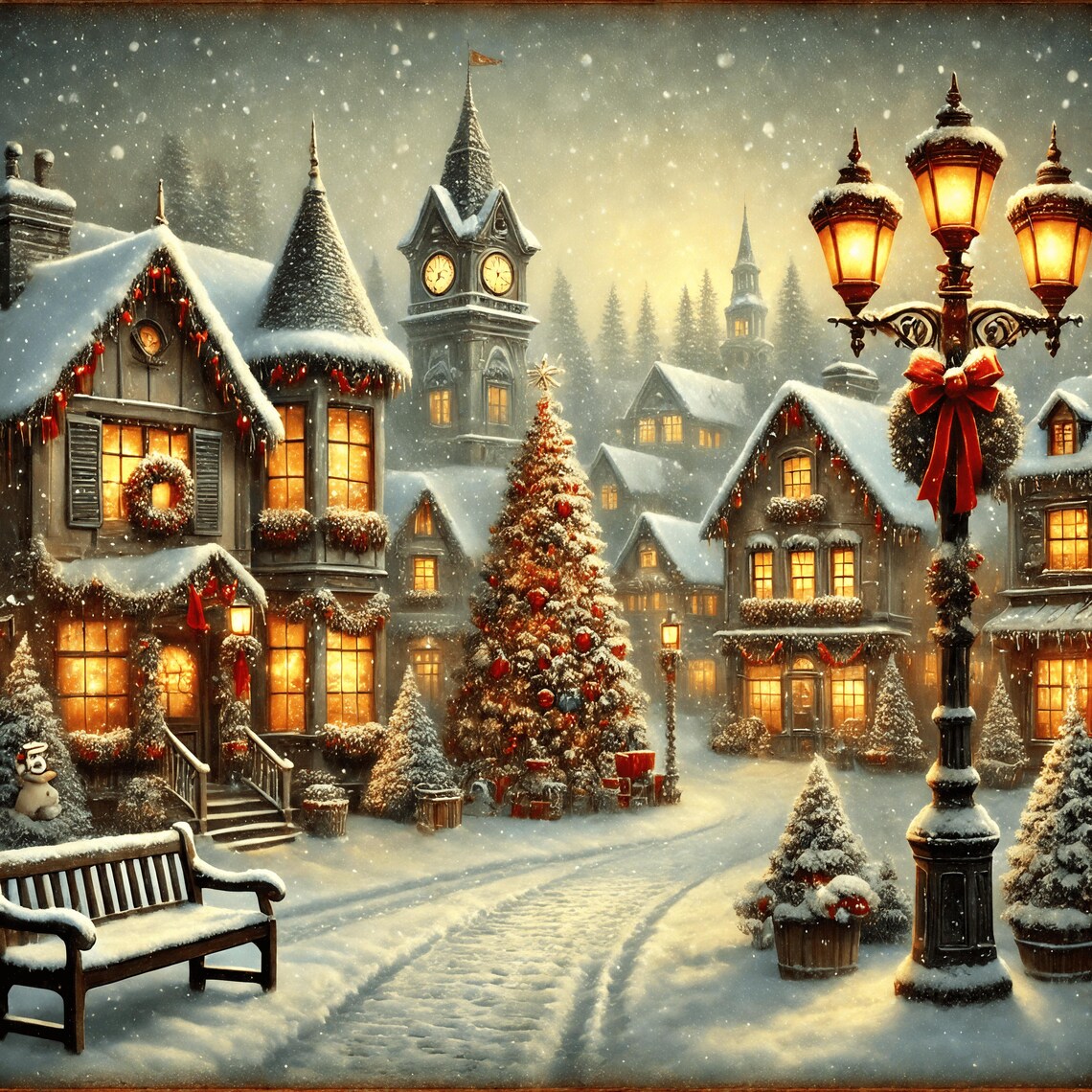 Vintage Christmas Town Art Print, Holiday Decor