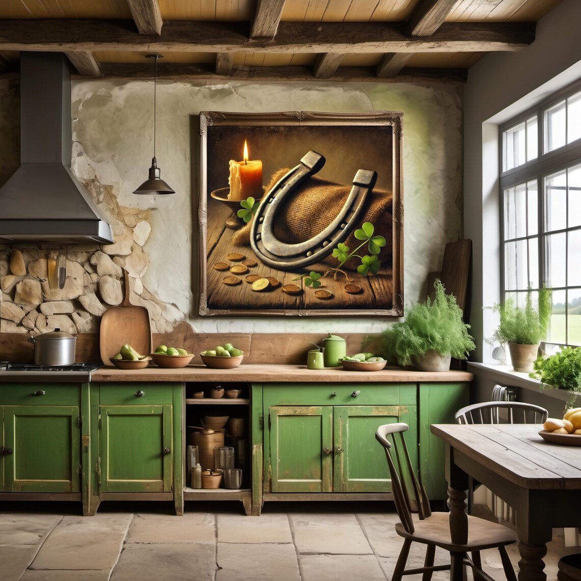 Lucky Horseshoe Gold Coins Shamrock Candle Rustic Still Life Poster - Image 2