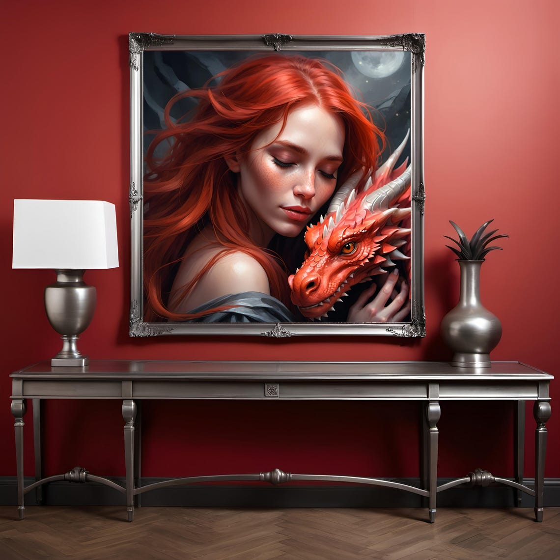 Red Haired Sorceress Embracing Red Dragon Moonlight Fantasy Art Poster - Image 3