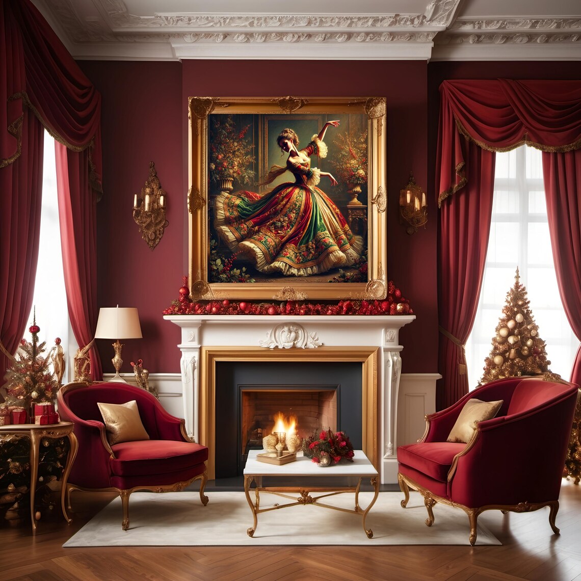 Nine Ladies Dancing Ballerina Baroque Red Green Gown Festive Wall Art - Image 2