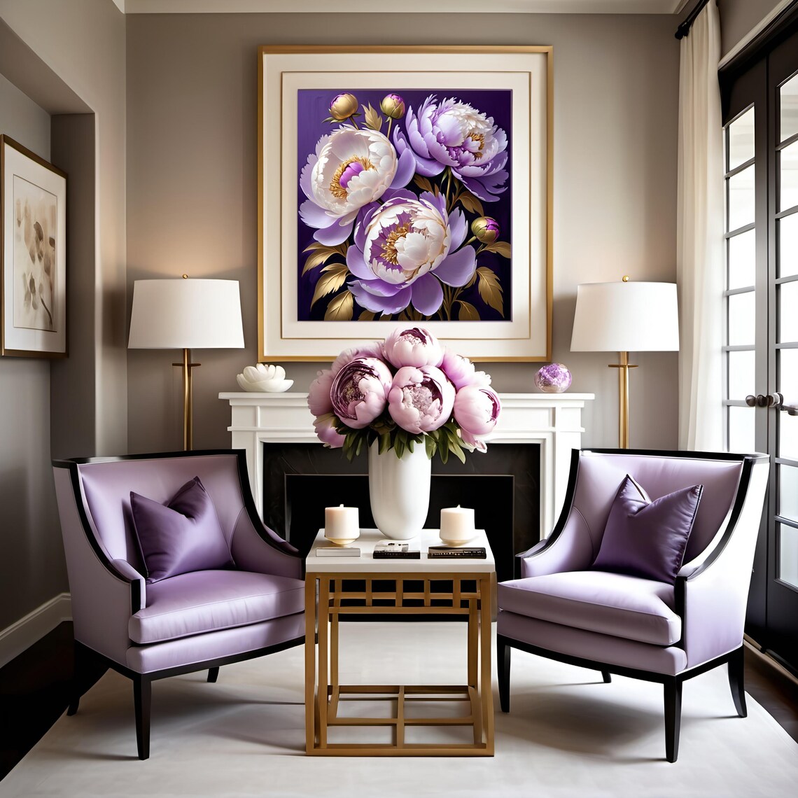Lavender White Peony Flowers Gold Leaves Dark Moody Art Poster - Image 2