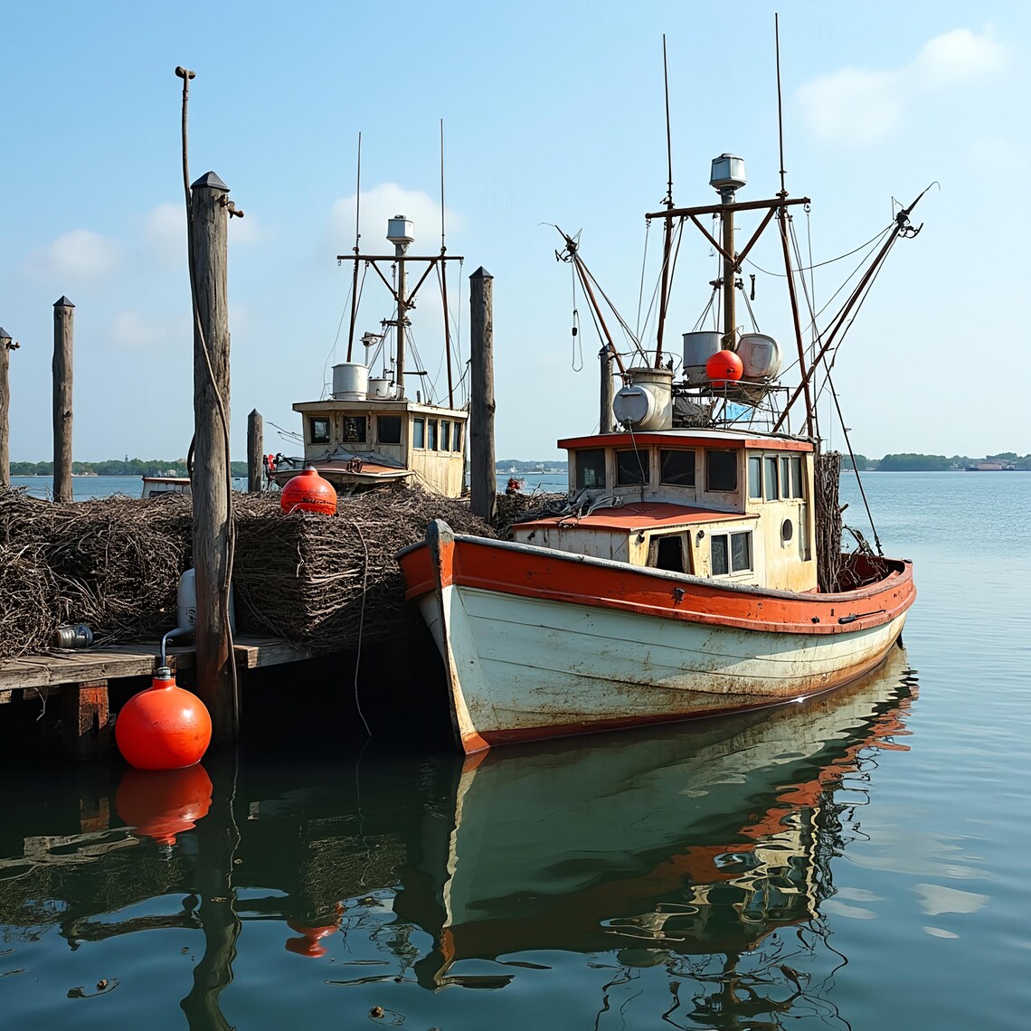 Vintage Lobster Boats by Dock, Rustic Nautical Art Print