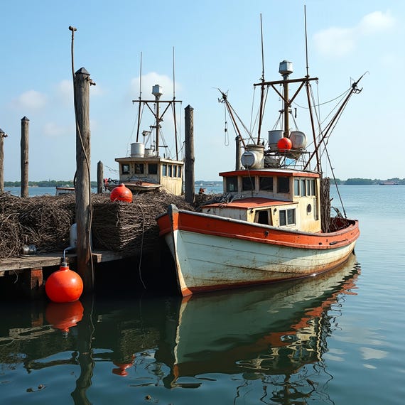 Vintage Lobster Boats by Dock, Rustic Nautical Art Print