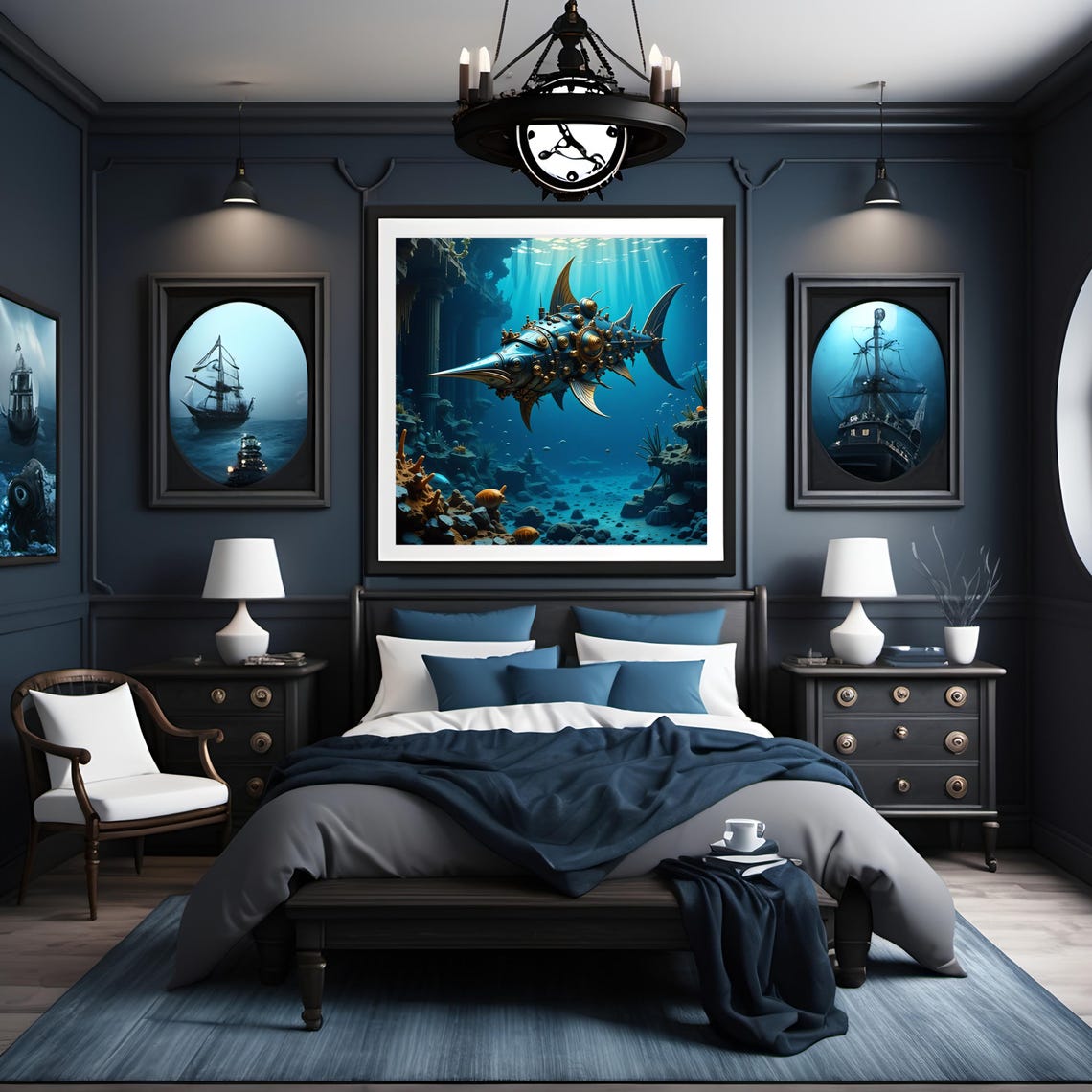 Steampunk Mechanical Swordfish in Sunlit Ocean Ruins Wall Art - Image 3