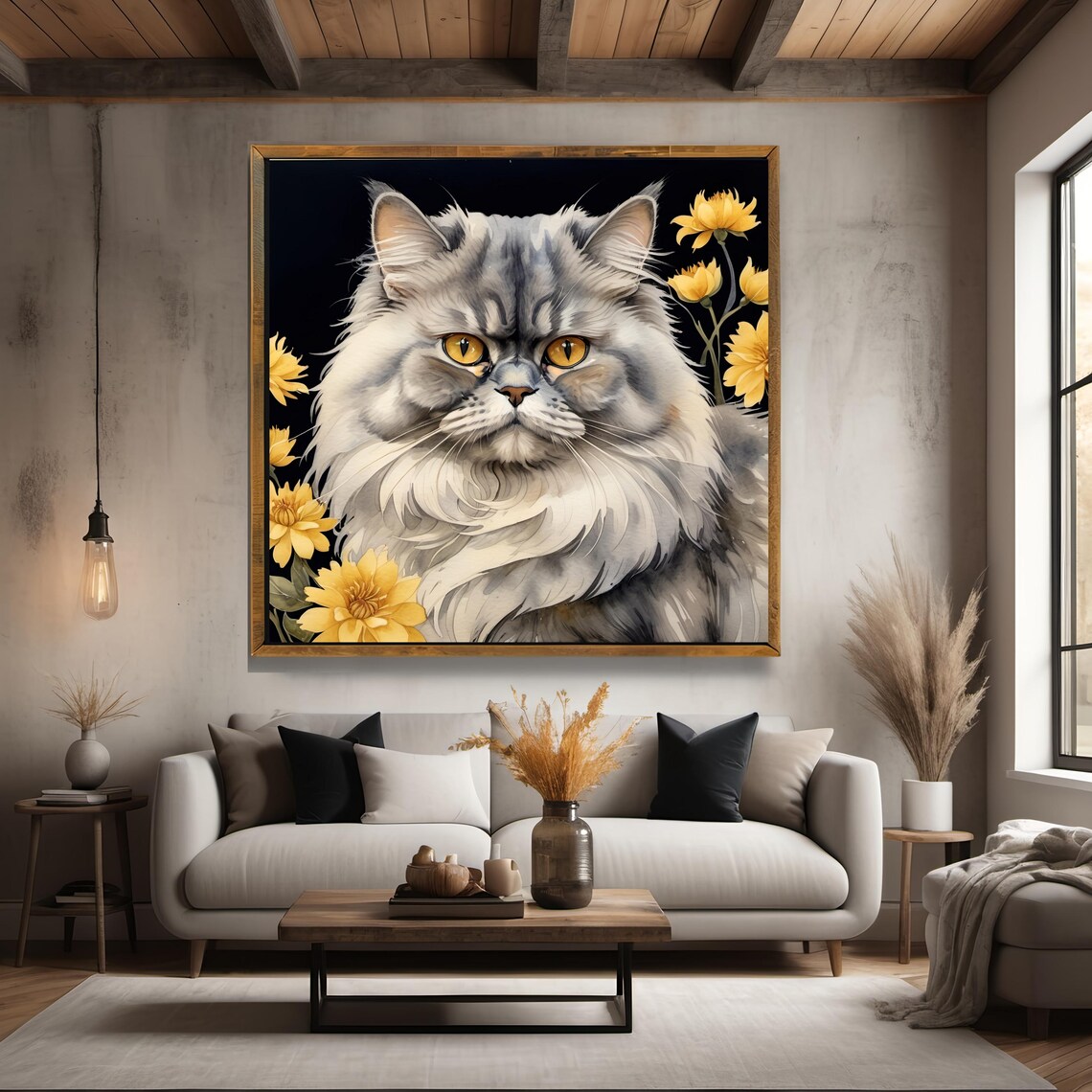 Elegant Gray Longhair Cat Golden Eyes Floral Bloom Art Print - Image 3