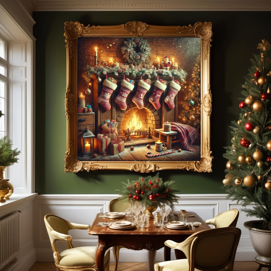 Christmas Stockings Hung By The Glowing Fireplace Vintage Art Poster - Image 2