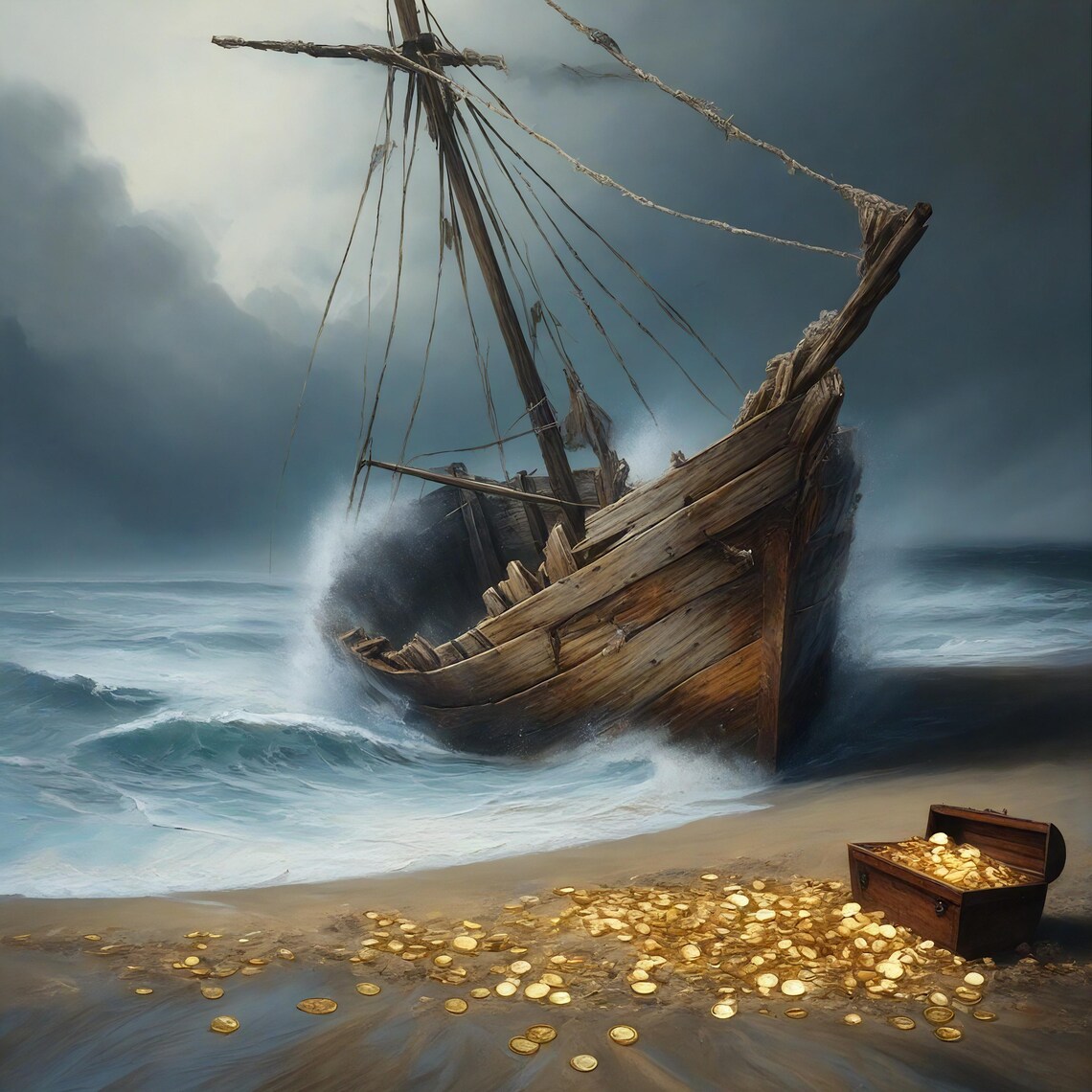 Shipwreck And Treasure Art Dramatic Nautical Wall Decor Maritime Artwork Treasure Chest And Ocean Scene Illustration