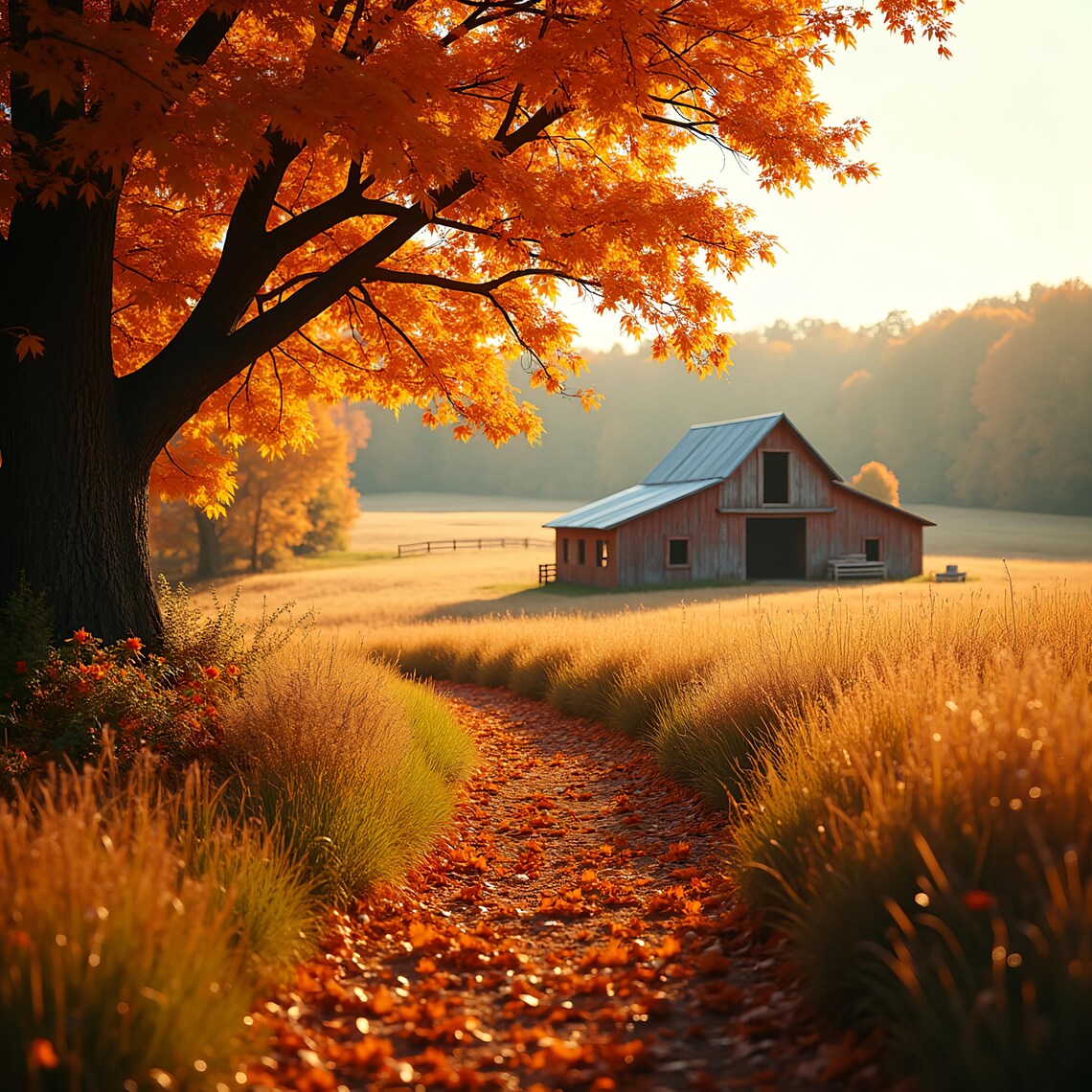 Picturesque Fall Barn in Golden Light, Art Print