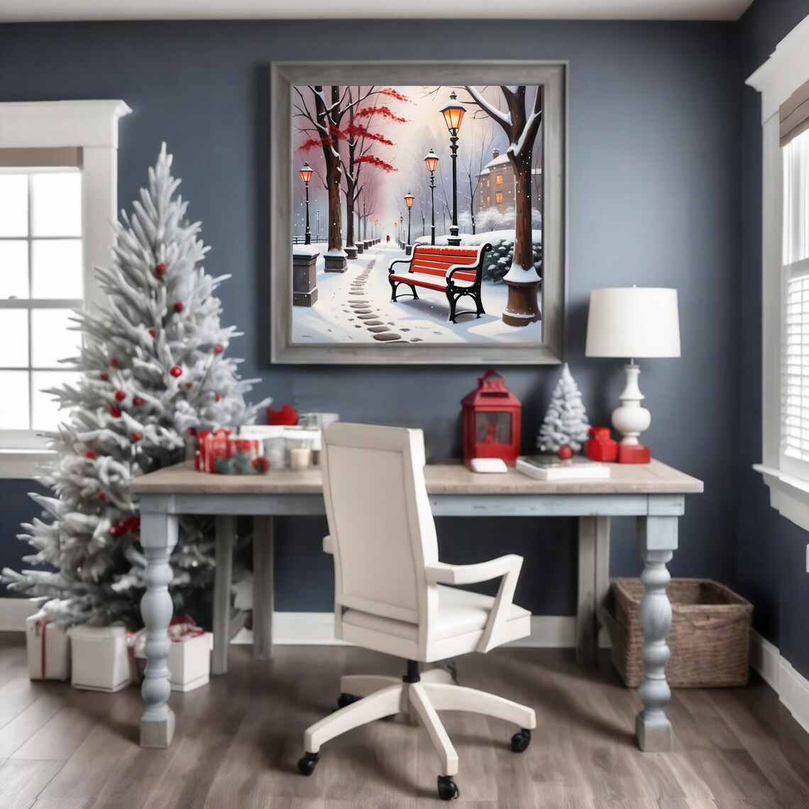 Snowy Winter Park Red Bench Glowing Lamppost Serene Cozy Art Print - Image 2
