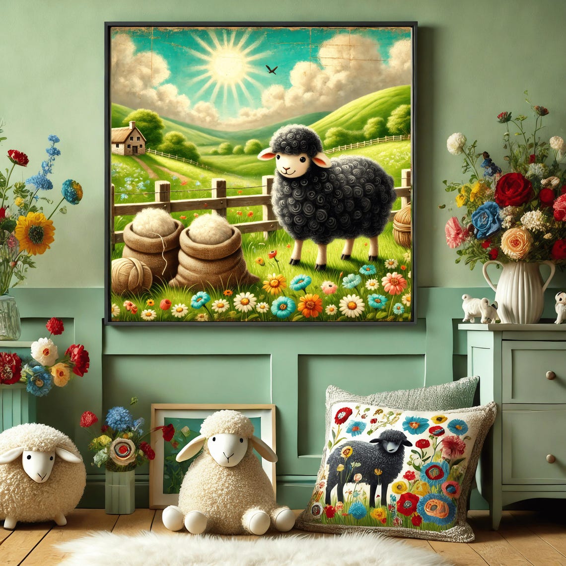 Baa Baa Black Sheep Sunny Meadow Farm Scene Nursery Rhyme Poster - Image 2