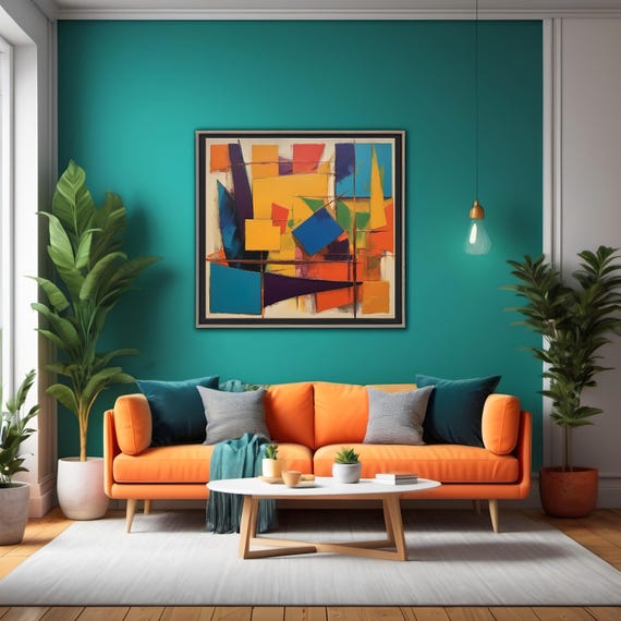 Abstract Geometric Art Mid Century Modern Style Bold Colorful Shapes Painting Vibrant Mid 20th Century Inspired Decor Contemporary Art