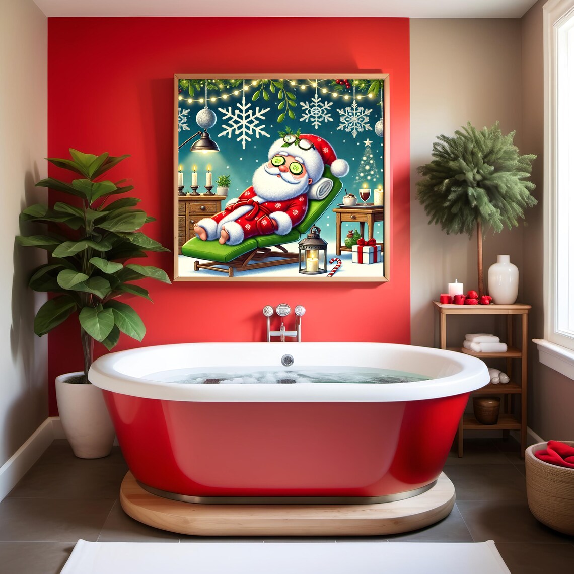 Funny Santa Spa Day Relaxing Holiday Cartoon Christmas Print - Image 2