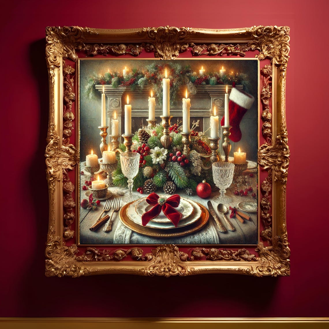 Elegant Christmas Dinner Table Candlelit Fireplace Art Print - Image 3