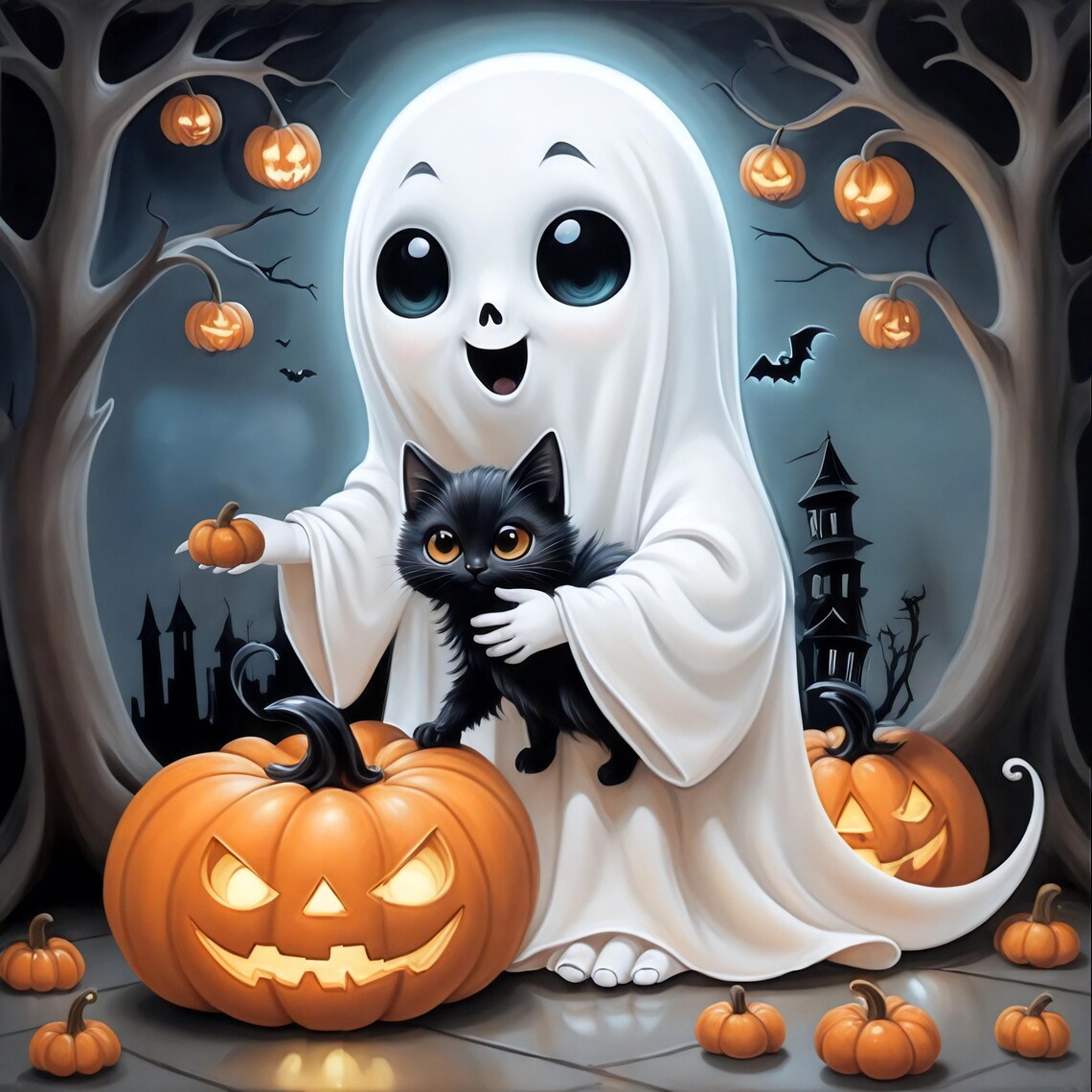Smiling Ghost Holding Black Kitten With Pumpkins Under Full Moon Poster