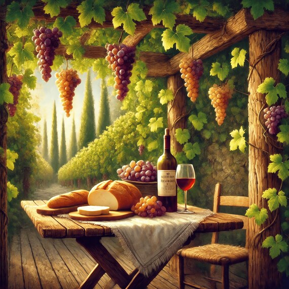 Tuscan Vineyard Pergola Wine Bottle Bread Cheese Harvest Table Scene Poster
