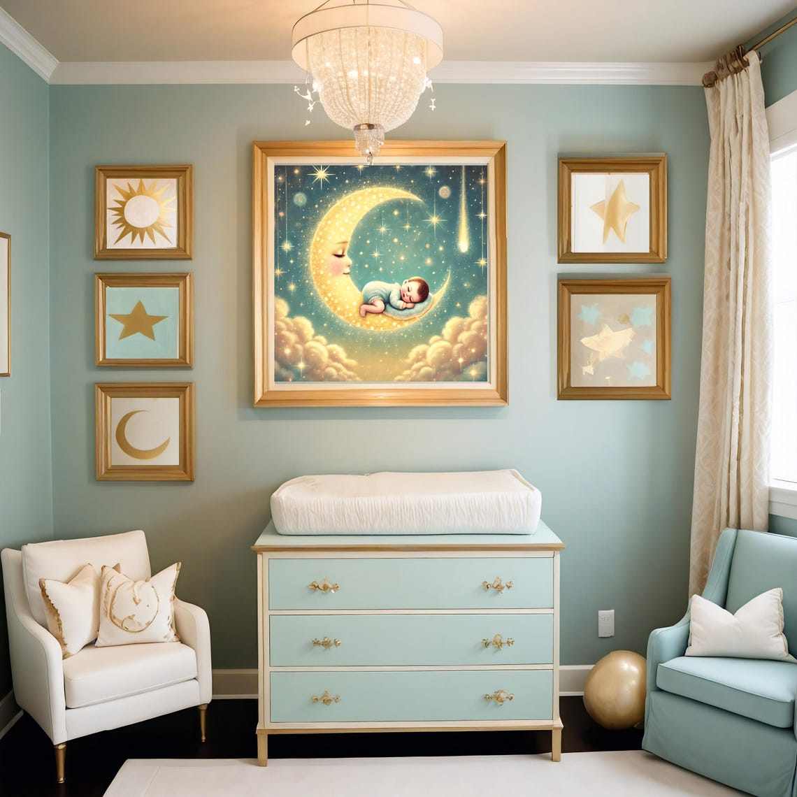 Twinkle Twinkle Little Star Sleeping Baby Golden Moon Art Poster - Image 2