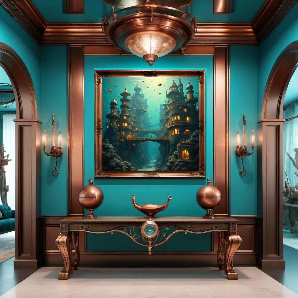 Lost Underwater Steampunk City of Towers and Bridges Fantasy Poster - Image 3