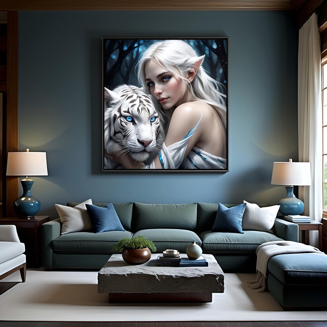 Elven Woman Embracing White Tiger Moonlit Forest Fantasy Magical Portrait Wall Art