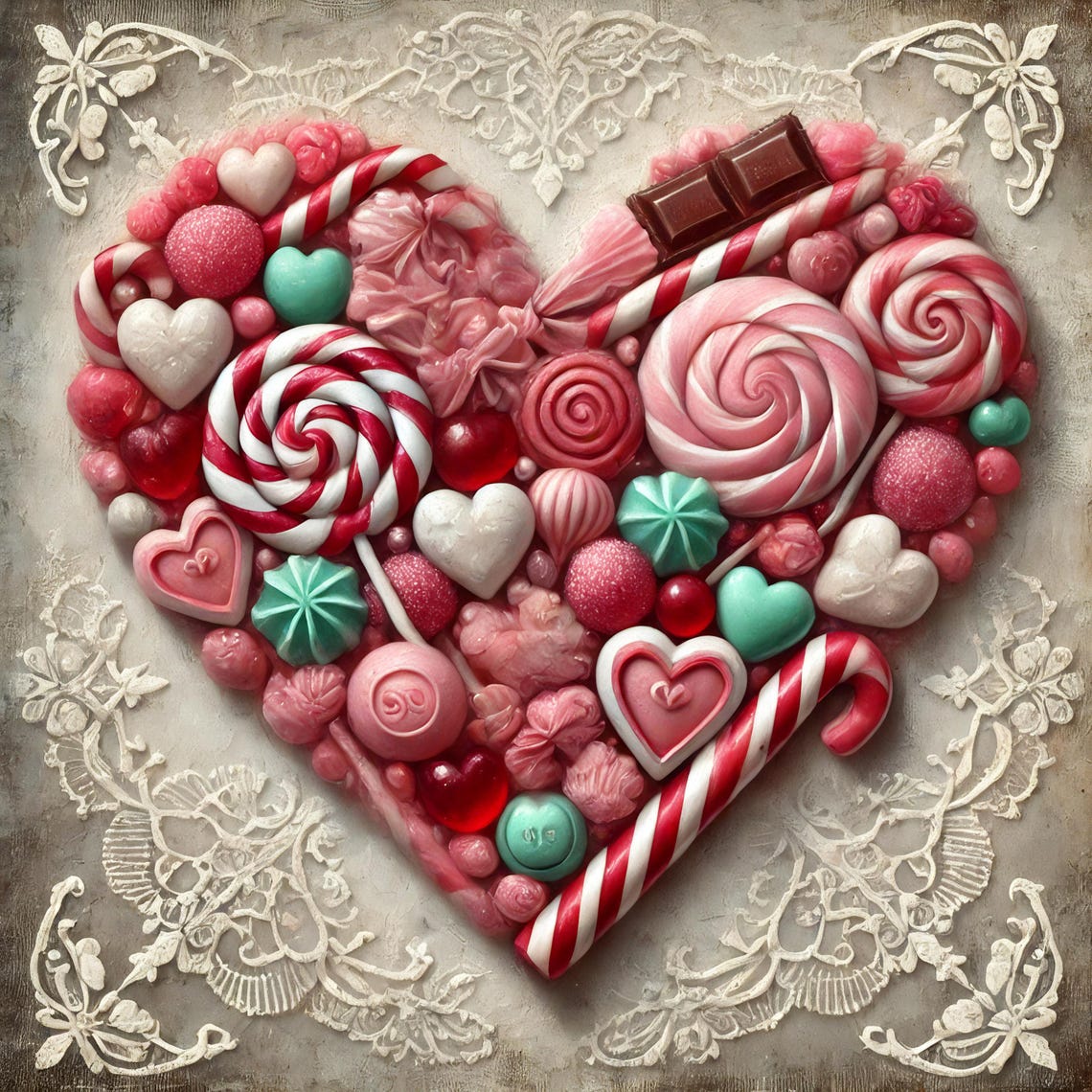 Whimsical Vintage Candy Heart with Lollipops Valentine Wall Art