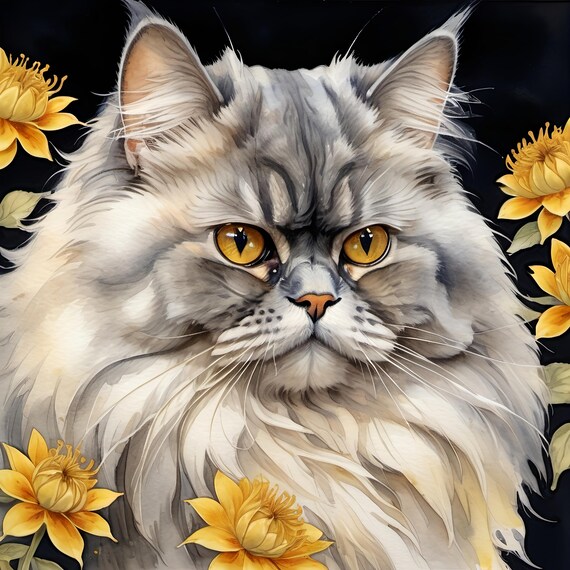 Fluffy Gray Cat Golden Eyes Floral Watercolor Portrait Art Print
