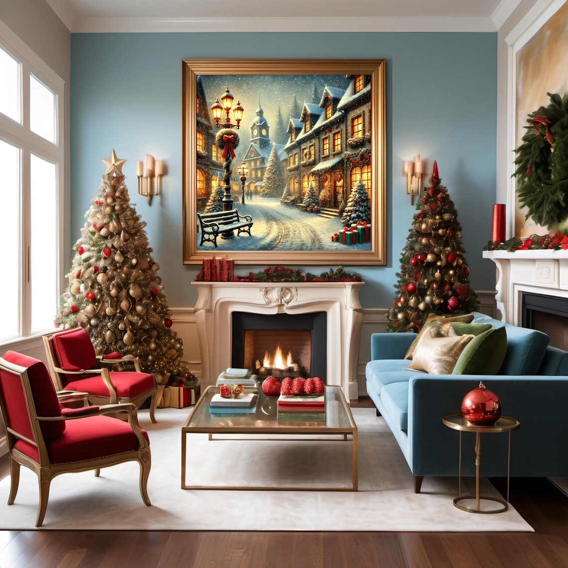 Moonlit Snowy Village Christmas Tree Canal Winter Wonderland Wall Art - Image 3