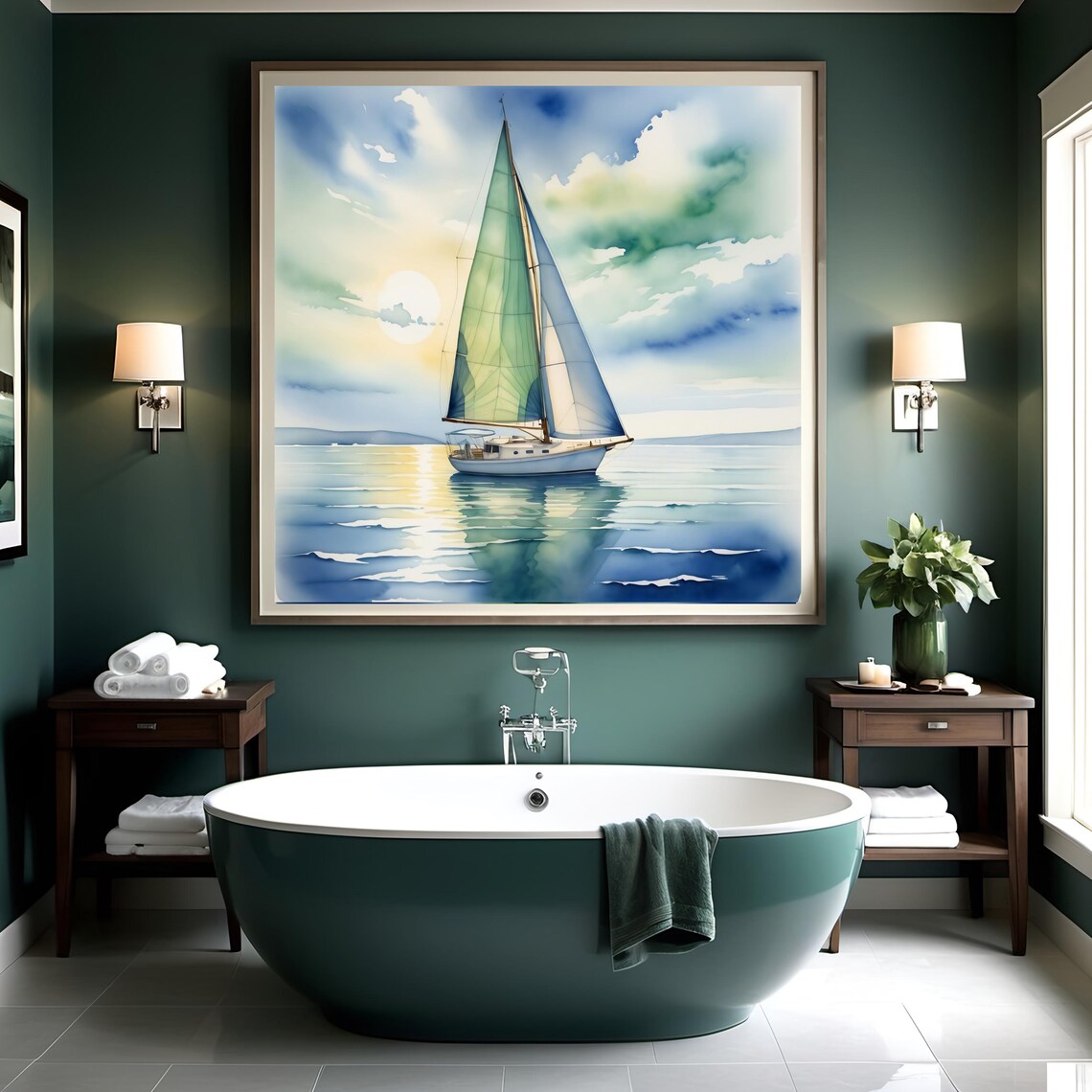 Watercolor Sailboat On Calm Sea At Sunset Golden Reflection Print - Image 3