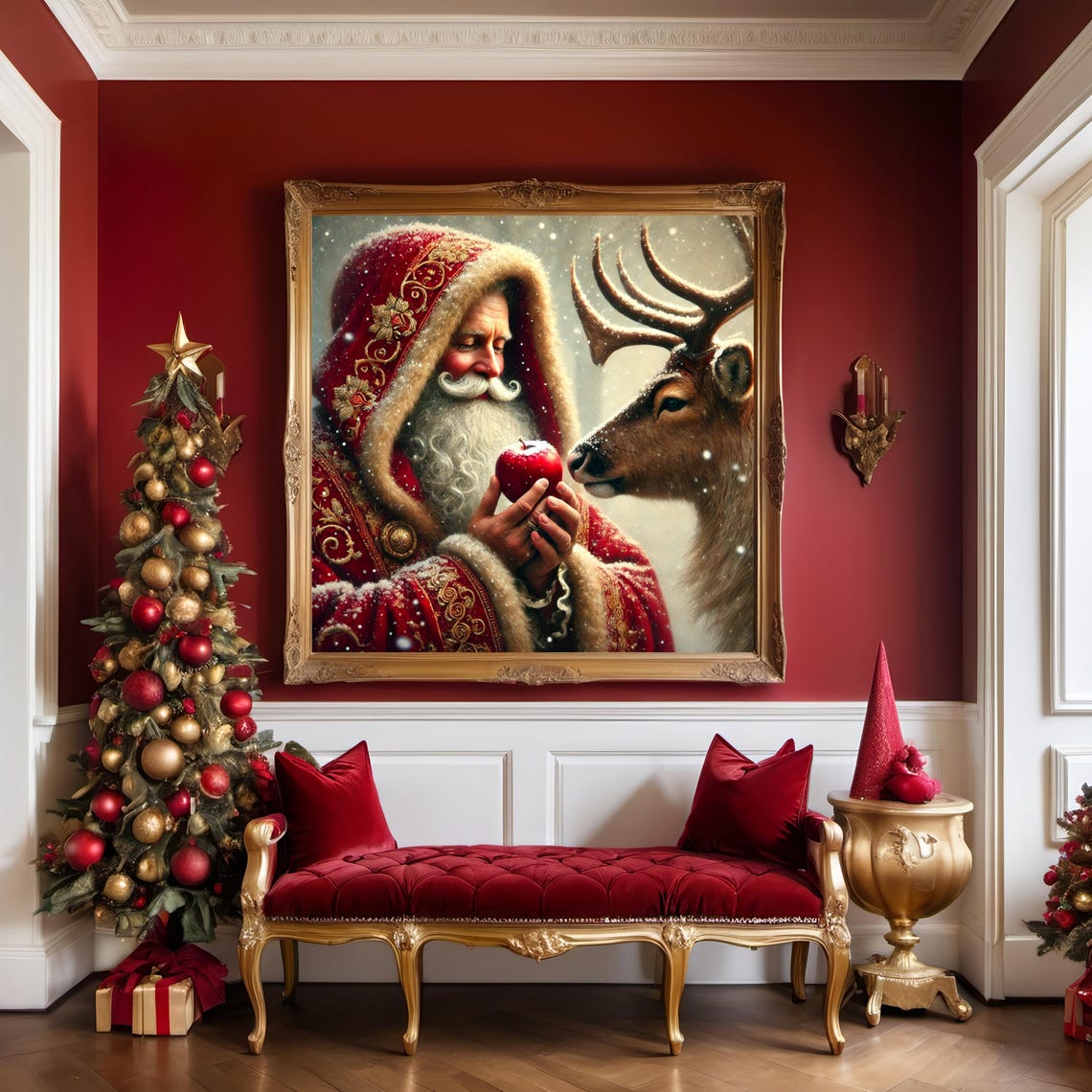 Santa Claus Feeding Reindeer Apple Snowy Painterly Christmas Poster - Image 2