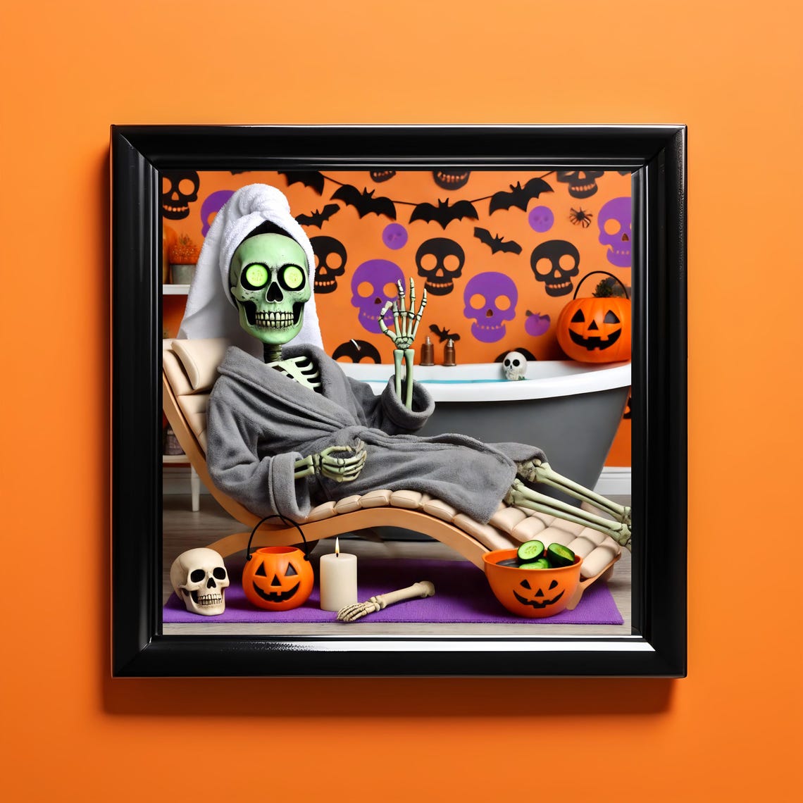 Funny Skeleton Spa Day Halloween Pumpkin Humor Novelty Art Poster - Image 3