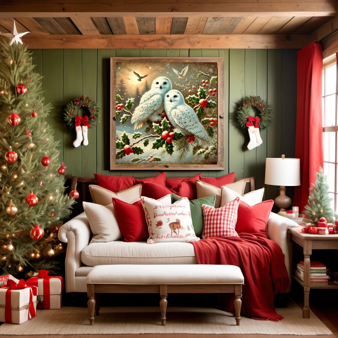 Two Snowy Owls on Holly Branch Cozy Winter Woodland Art Print - Image 3